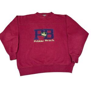 VTG Pebble Beach Sweatshirt Men Medium Red Crewneck Pullover Sweater Embroidered